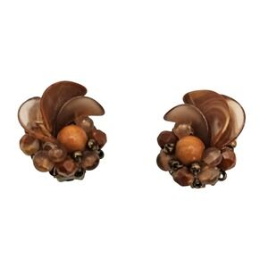 Vtg Germany Brown Beaded Cluster Clip-On Earrings Mid-Century Spiral Swirl Retro